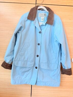 Vintage L.L. Bean Light Blue Cotton Raincoat with Brown Corduroy Collar